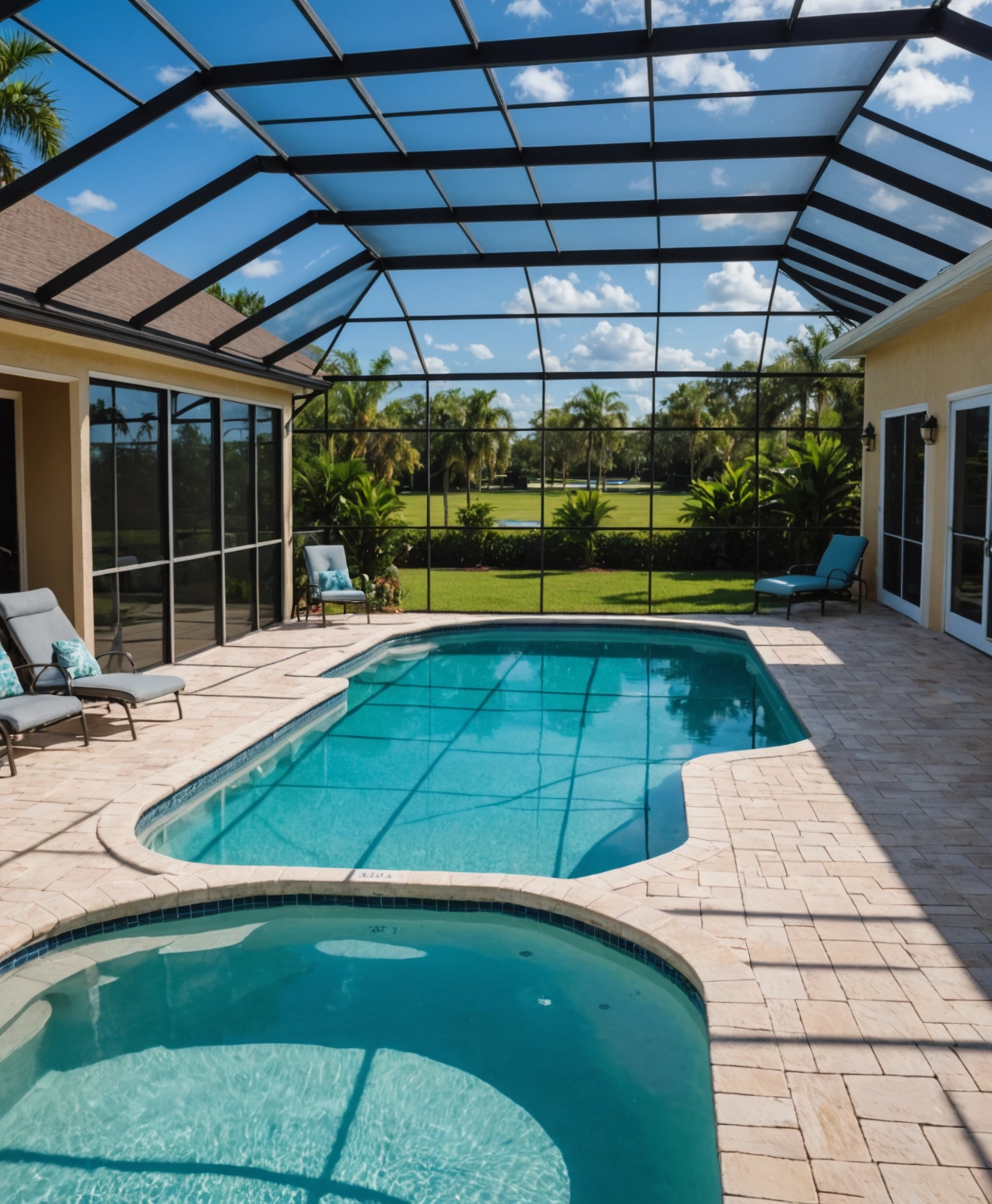 Residential swimming pool in Port Charlotte Florida with screened lanai enclosure